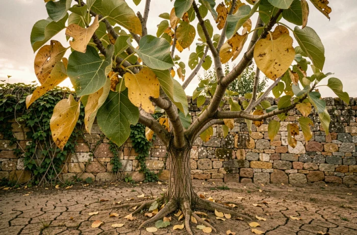 Figuier en jardin méditerranéen avec feuilles jaunissantes et tombées au sol, symptômes de stress visible sur le feuillage