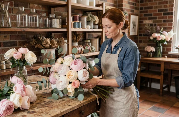 Fleuriste artisane arrangeant un bouquet de mariée en pivoines et roses dans un atelier floral rustique