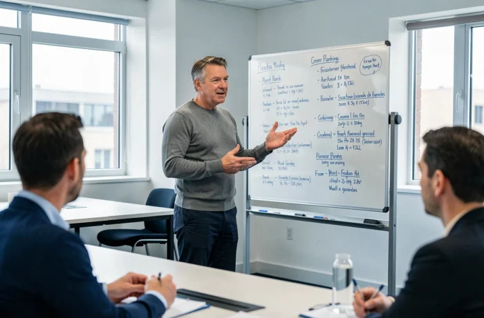Formateur professionnel animant un atelier de reconversion et développement de carrière en salle de formation