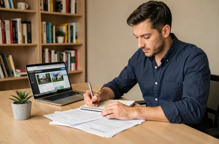 Homme étudiant une formation immobilière en ligne sur son bureau avec des documents et un ordinateur portable