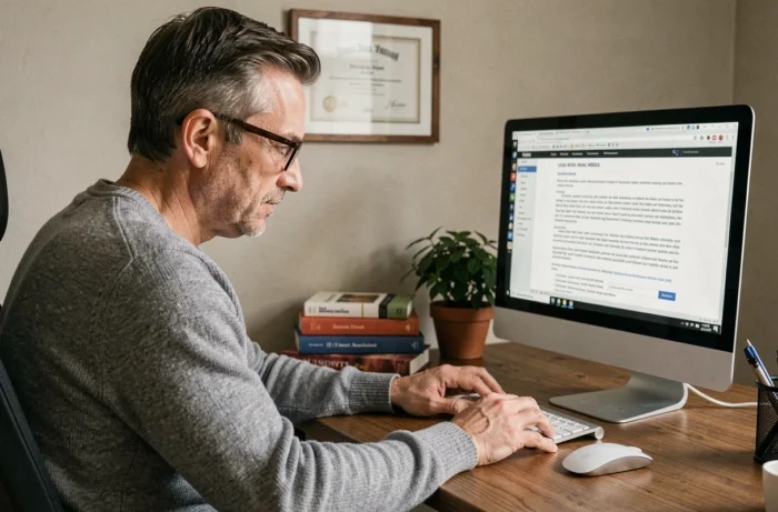 Freelance homme lisant attentivement les mentions légales obligatoires d'un site web sur son écran d'ordinateur à domicile