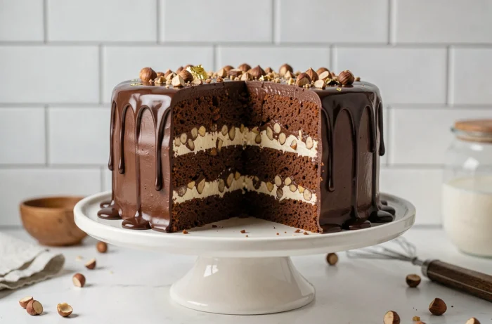 Gâteau au chocolat en coupe révélant ses couches de ganache et praliné sur un présentoir en céramique dans une cuisine artisanale