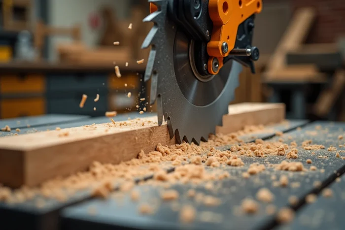 Gros plan sur une lame de scie radiale en train de couper une planche de chêne avec des copeaux de bois en suspension dans l'air