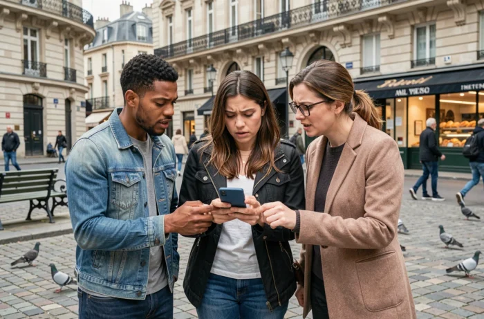 Groupe de personnes consultant les dernières actualités françaises sur smartphone dans une place parisienne