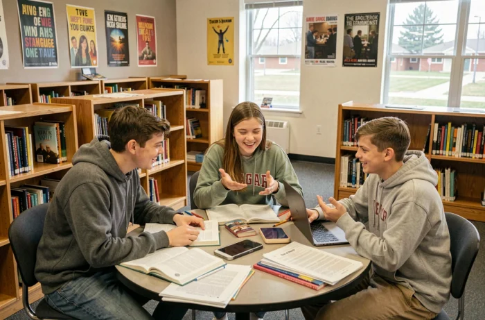Groupe de lycéens travaillant ensemble autour d'une table dans une bibliothèque scolaire
