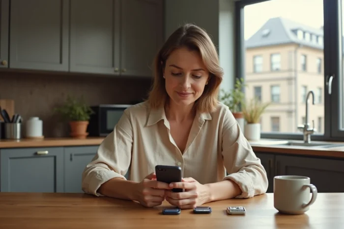Femme consultant un guide de compatibilité sur smartphone avec un rasoir OneBlade et une lame 360 posés sur une table en bois