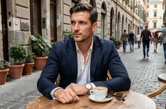 Homme élégant attablé en terrasse de café portant un blazer marine, une montre argentée et des lunettes à montures en acétate