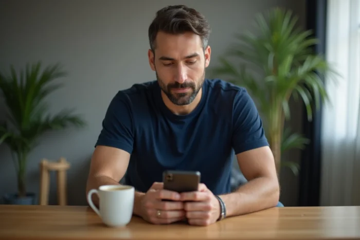 Homme adulte consultant discrètement son téléphone à son bureau à domicile