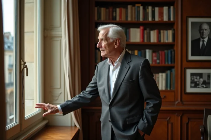 Homme âgé en costume debout dans un appartement parisien cultivé, évoquant un parcours de vie consacré à la médecine et à l'engagement humanitaire