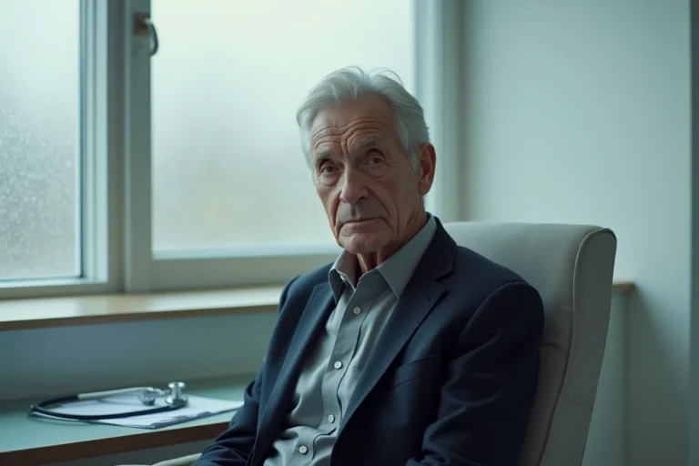 Homme âgé et distingué assis dans une salle de consultation médicale moderne, expression réfléchie, symbolisant le combat contre la maladie