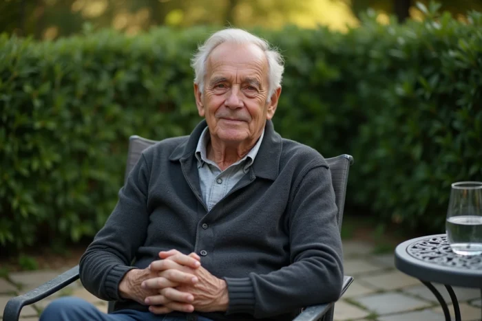 Homme âgé assis sur une terrasse de jardin en pierre, regard introspectif et apaisé, illustrant un moment de recueillement face à la maladie