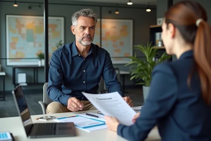 Homme en réunion avec un agent immobilier pour signer un contrat de location