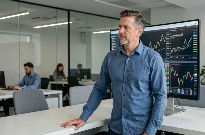 Homme analysant des graphiques boursiers sur un grand écran dans un bureau professionnel