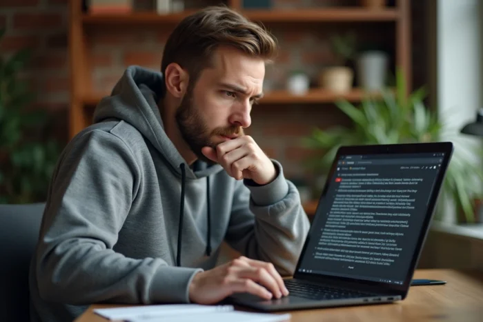Homme inquiet consultant des avertissements légaux sur son ordinateur portable concernant les fuites numériques