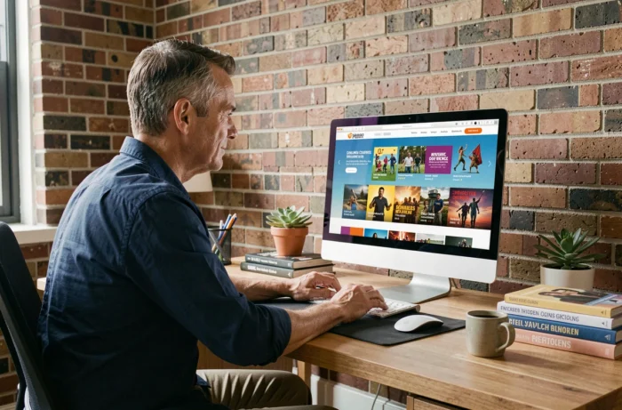 Homme concentré devant un ordinateur de bureau explorant des activités et loisirs en ligne depuis son bureau à domicile