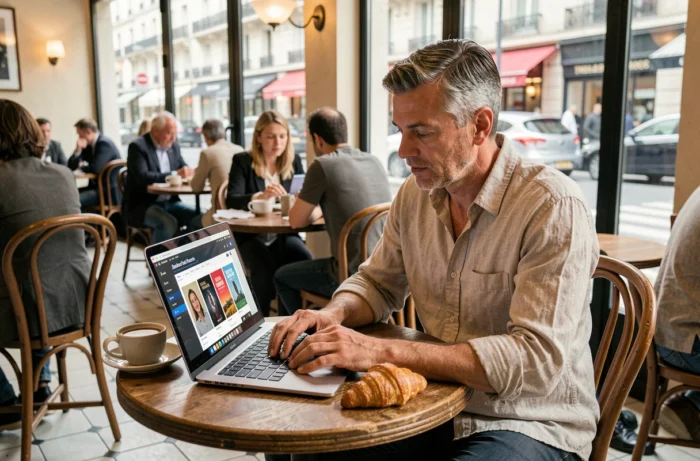 Homme consultant une plateforme d'ebooks légale sur laptop dans un café parisien