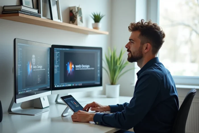 Homme en reconversion professionnelle suivant une formation numérique en ligne depuis son bureau à domicile avec deux écrans
