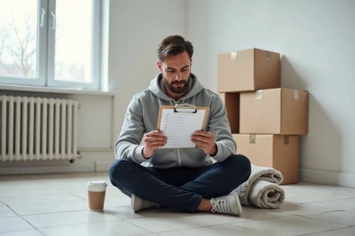 Homme consultant une liste de déménagement sur un presse-papiers dans un appartement vide avec des cartons empilés