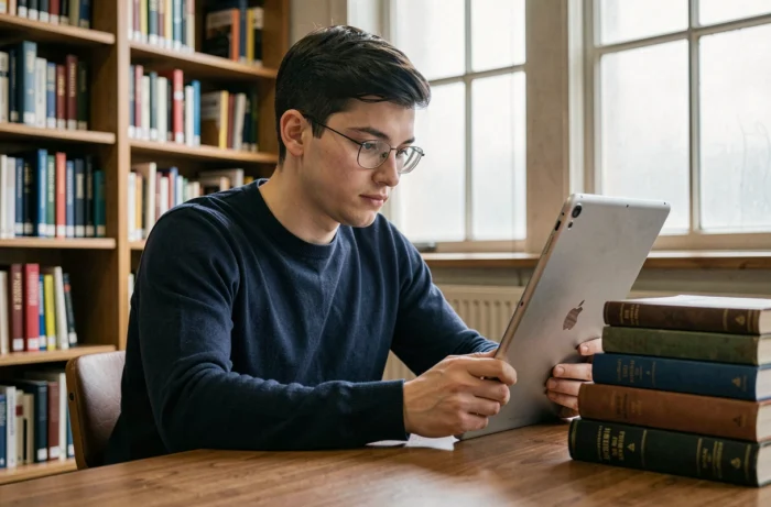 Jeune homme consultant des magazines gratuits en ligne sur une tablette dans une bibliothèque