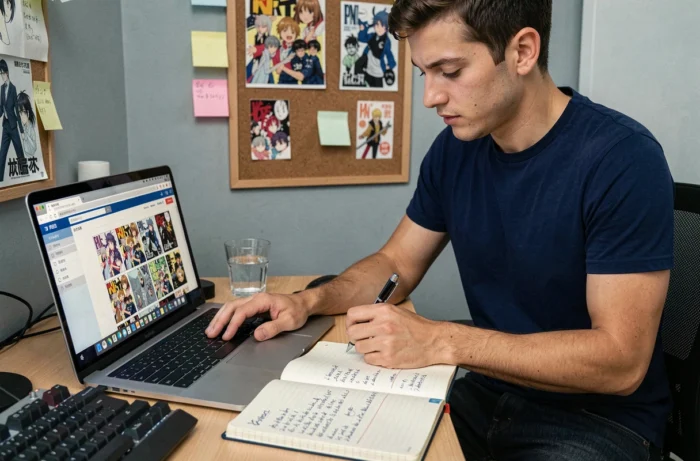 Homme prenant des notes sur ses séries manga devant un ordinateur portable avec une interface de lecture de manga ouverte