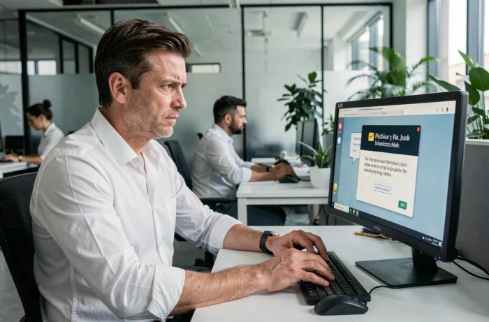 Homme en entreprise face à une tentative de phishing sur son ordinateur illustrant les cybermenaces professionnelles
