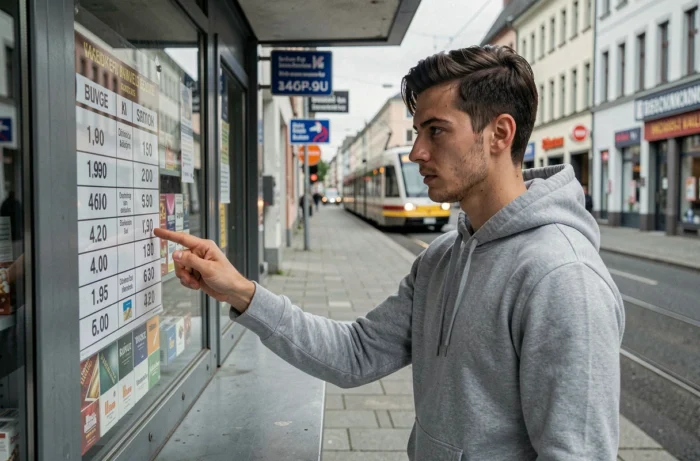 Homme consultant la liste des prix des cigarettes Marlboro et autres grandes marques à un kiosque tabac de Berlin