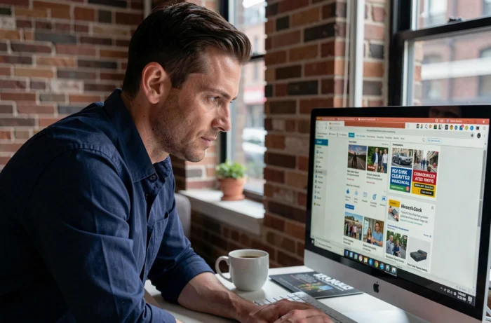 Homme recherchant des alternatives aux plateformes de petites annonces en ligne depuis son appartement urbain