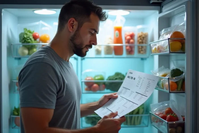 Homme consultant un tableau de conservation alimentaire devant un réfrigérateur organisé avec des aliments sous vide