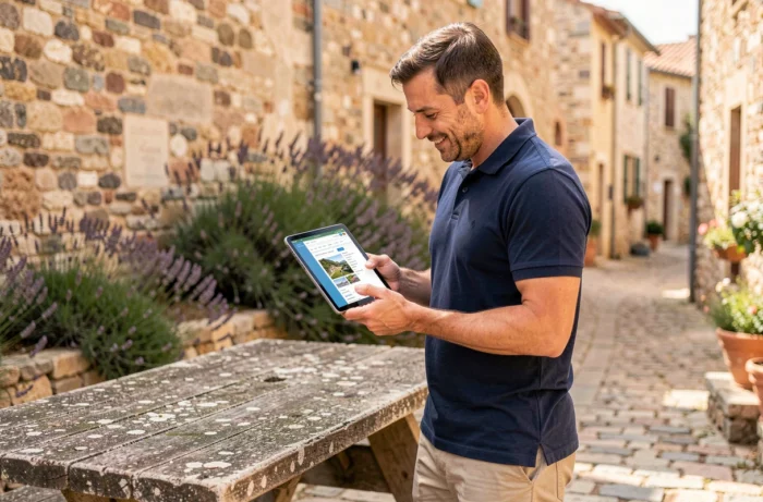 Homme naviguant sur le plan du site de Pays APT avec une tablette dans un village provençal