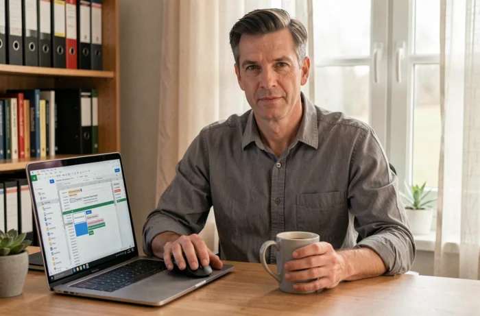 Homme travaillant avec Power Query sur Excel depuis son bureau à domicile