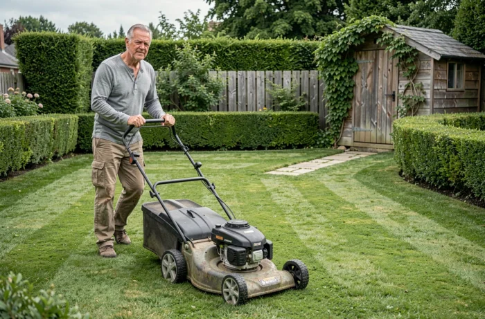Homme d'âge mûr utilisant une tondeuse professionnelle sur une pelouse rayée impeccable