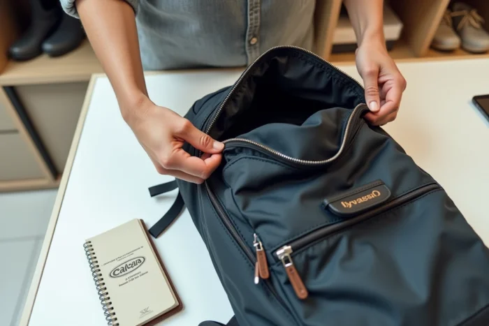 Inspection détaillée des finitions intérieures et du matériel d'un sac Cabaia pour authentification