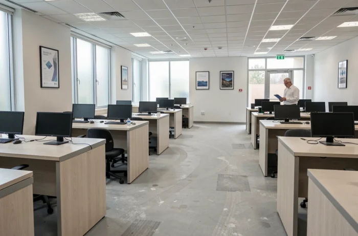 Intérieur vide d'une agence bancaire française en cours de fermeture définitive en 2025