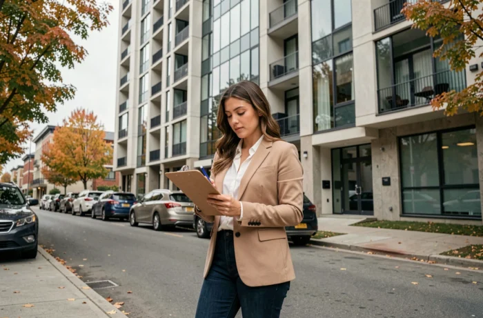 Femme investisseuse immobilière devant un immeuble moderne en ville avec un presse-papiers