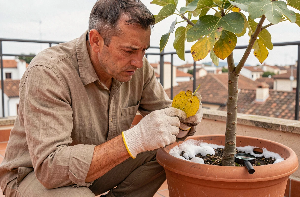 Jardinier examinant une feuille de figuier jaunie dans un pot sur balcon, diagnostic des causes de jaunissement
