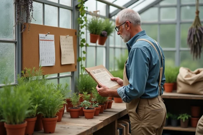 Jardinier expérimenté consultant un calendrier de plantation dans une serre remplie de pots en terre cuite et d'herbes aromatiques