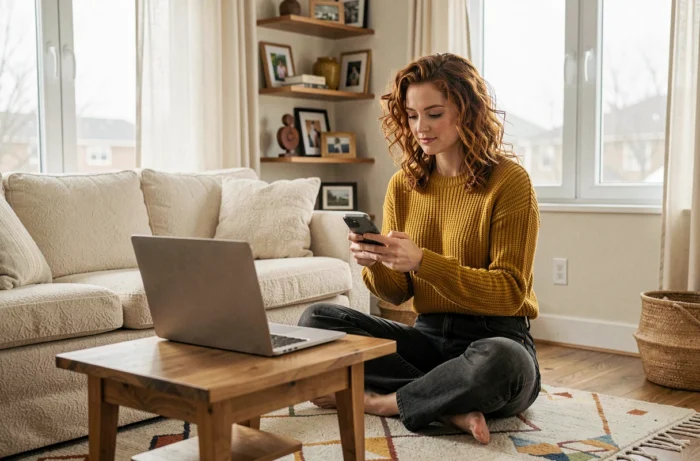 Jeune auto-entrepreneuse gérant ses réseaux sociaux depuis son salon aménagé en espace de travail à domicile
