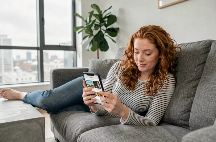 Jeune femme utilisant une application d'abonnement ebook légale sur smartphone dans un salon moderne