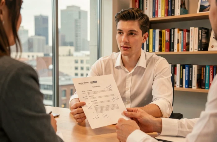 Jeune homme en entretien avec un conseiller en emploi pour optimiser son CV grâce à la formation professionnelle