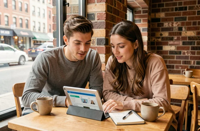 Deux jeunes adultes discutant d'investissement en bourse sur une tablette dans un café urbain