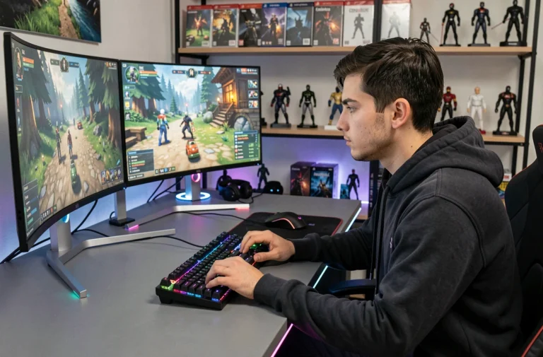 Jeune homme concentré sur sa session de jeu vidéo devant deux écrans incurvés dans un bureau gaming moderne