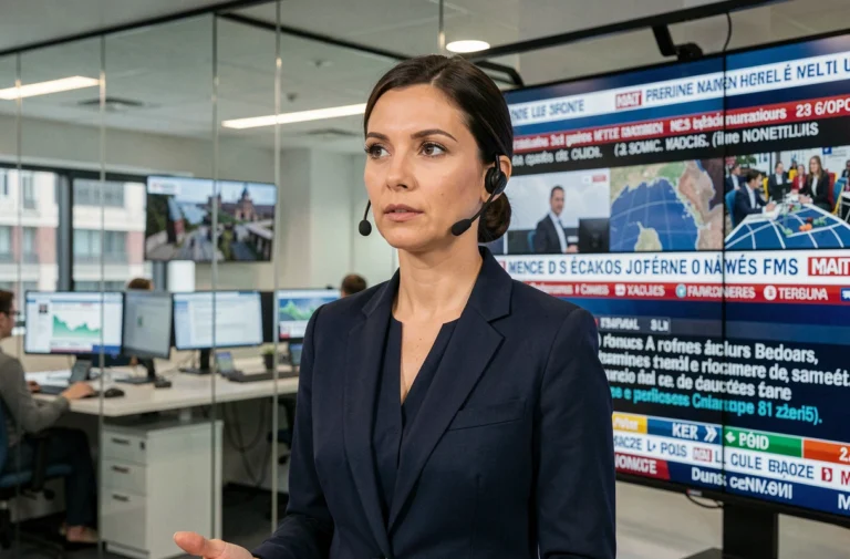 Journaliste française devant un écran d'actualités en direct dans un plateau de télévision moderne