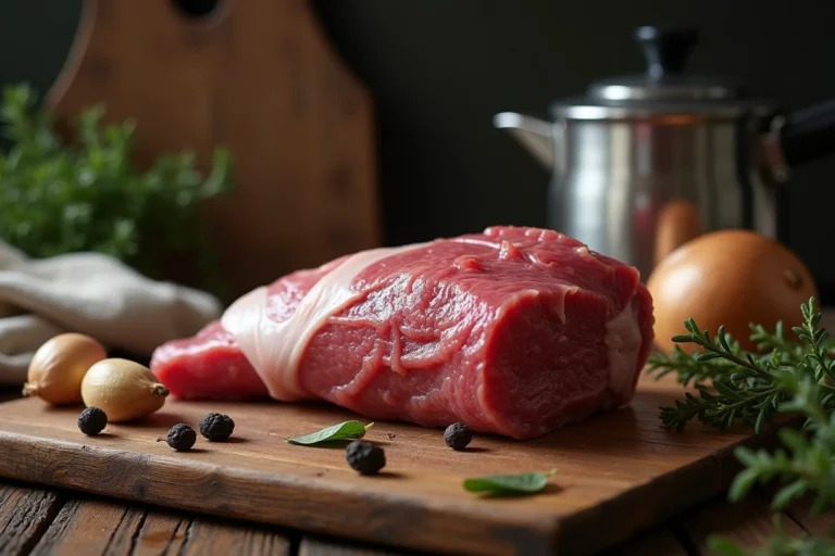 Langue de bœuf crue posée sur une planche en bois avec aromates et cocotte minute en arrière-plan