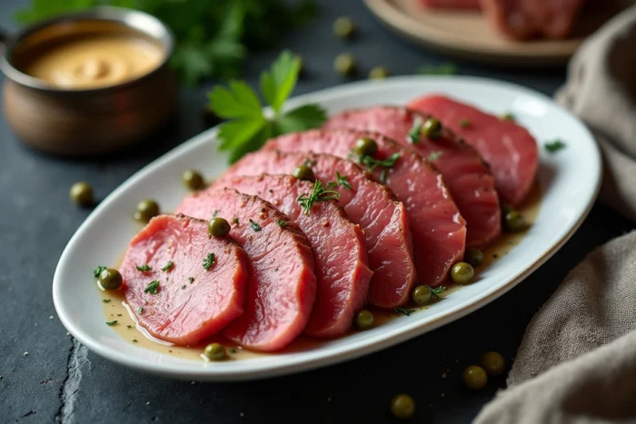 Tranches de langue de bœuf cuite présentées sur un plat blanc avec sauce gribiche et persil frais