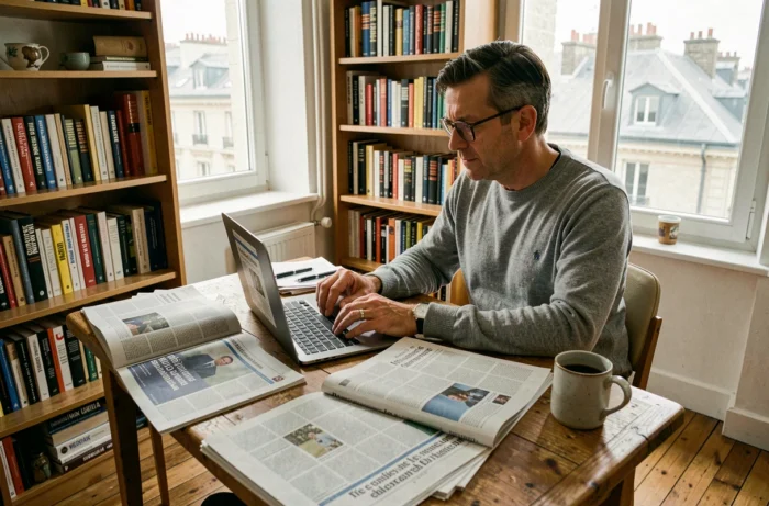 Homme lisant des journaux français et analysant l'actualité sur ordinateur dans un appartement parisien