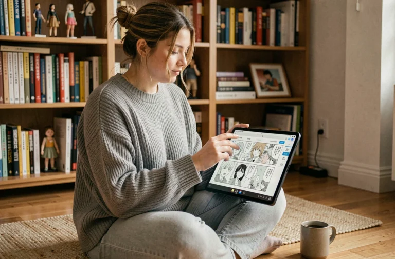 Jeune femme lisant des mangas sur une tablette numérique dans un salon cosy, interface de lecture visible à l'écran