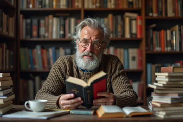 Homme âgé lisant un ouvrage de philosophie anarchiste dans une librairie indépendante entourée de livres politiques