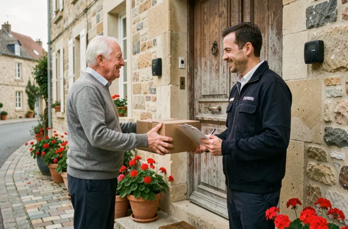 Un senior reçoit une livraison à domicile grâce au service Logisfil devant sa maison