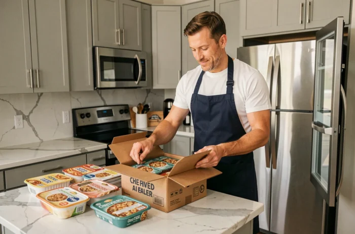 Homme déballant une commande de surgelés Picard ou Thiriet dans une cuisine moderne