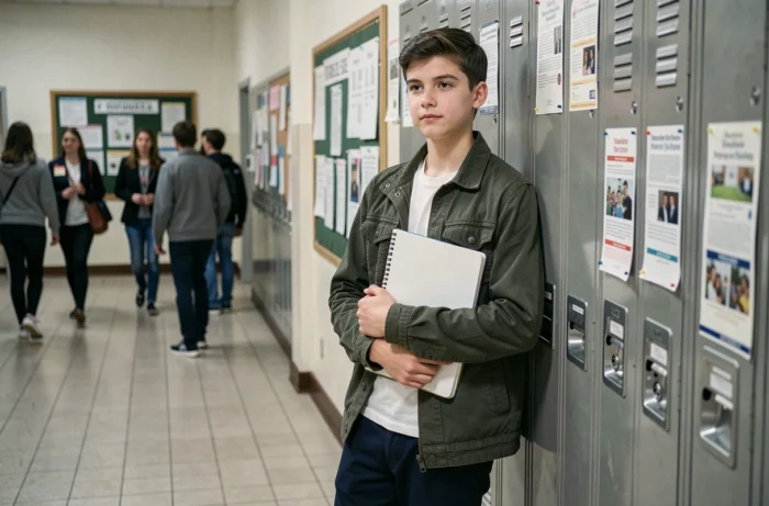 Lycéen confiant appuyé contre des casiers dans un couloir d'établissement scolaire